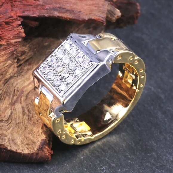 💍 White Zircon Watch Dial Official Fashion Tops Gold Ring for Man, INDN8157 - Picture 7 of 7